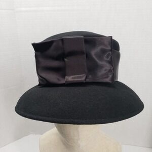Vintage Tina Too Felt Cloche Hat Womens One Size Black Satin Bow Flapper Wool